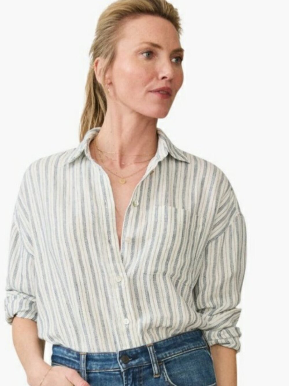 Faherty Women's Santa Cruz Linen Relaxed Shirt in Oceanside Stripe NWT $158